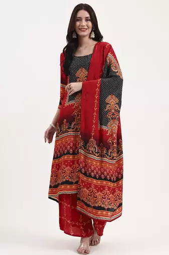 red and black floral natural silk crepe a-line have a lining kurta palazzo dupatta set