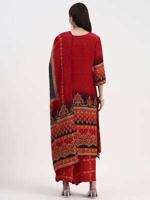 red and black floral natural silk crepe a-line have a lining kurta palazzo dupatta set 3