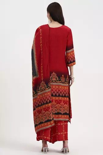 red and black floral natural silk crepe a-line have a lining kurta palazzo dupatta set