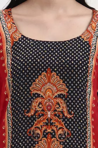 red and black floral natural silk crepe a-line have a lining kurta palazzo dupatta set