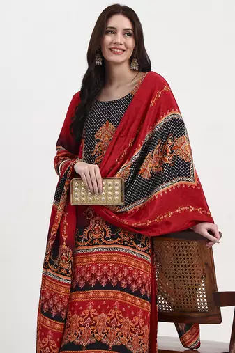 red and black floral natural silk crepe a-line have a lining kurta palazzo dupatta set