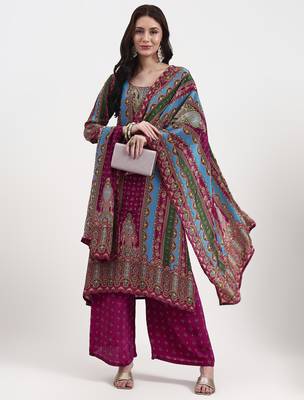 purple and blue floral natural silk crepe a-line have a lining kurta palazzo dupatta set 1