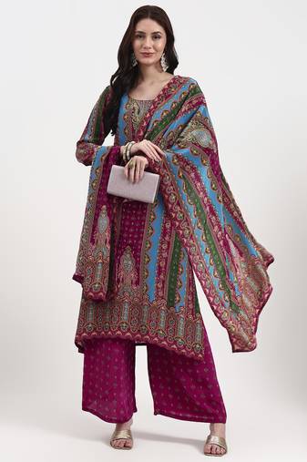 Yufta purple and blue floral natural silk crepe a-line have a lining kurta palazzo dupatta set