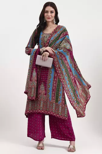 purple and blue floral natural silk crepe a-line have a lining kurta palazzo dupatta set