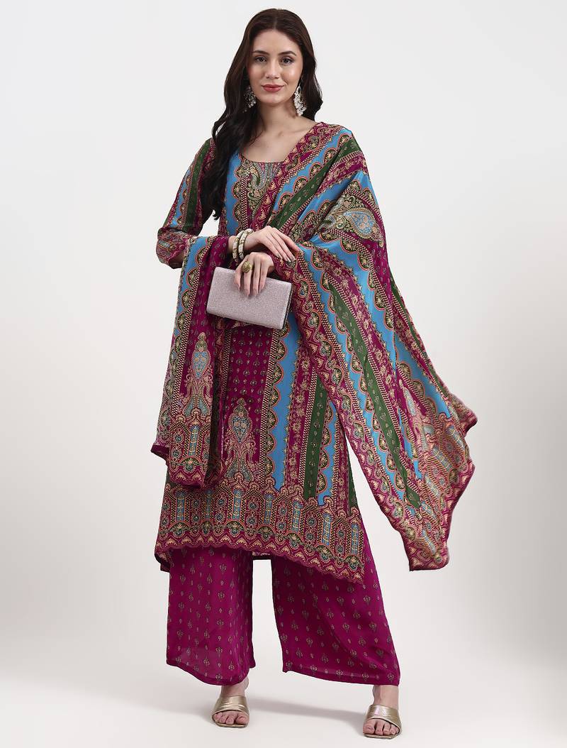 Yufta purple and blue floral natural silk crepe a-line have a lining kurta palazzo dupatta set