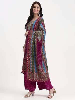 purple and blue floral natural silk crepe a-line have a lining kurta palazzo dupatta set 2
