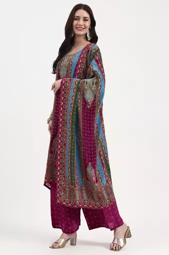 purple and blue floral natural silk crepe a-line have a lining kurta palazzo dupatta set