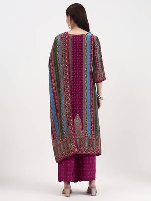purple and blue floral natural silk crepe a-line have a lining kurta palazzo dupatta set 3