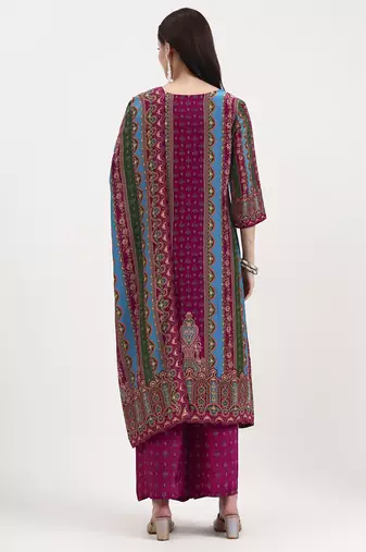 purple and blue floral natural silk crepe a-line have a lining kurta palazzo dupatta set