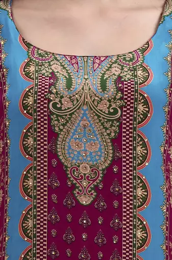 purple and blue floral natural silk crepe a-line have a lining kurta palazzo dupatta set
