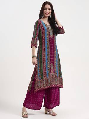 purple and blue floral natural silk crepe a-line have a lining kurta palazzo dupatta set 5
