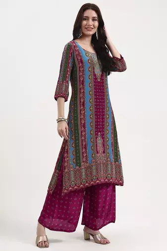 purple and blue floral natural silk crepe a-line have a lining kurta palazzo dupatta set