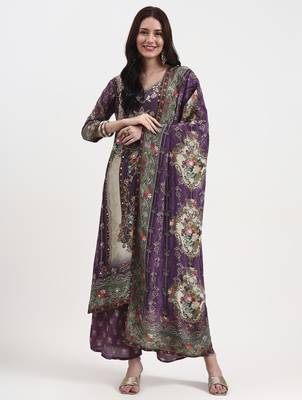 lavender paisley print natural silk crepe a-line kurta palazzo dupatta set 1