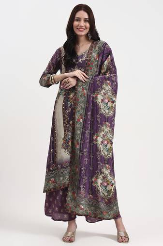 Yufta lavender paisley print natural silk crepe a-line kurta palazzo dupatta set