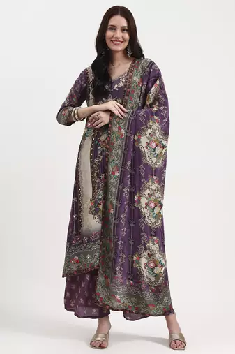 lavender paisley print natural silk crepe a-line kurta palazzo dupatta set