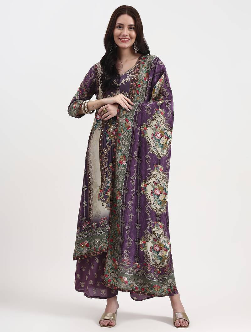 Yufta lavender paisley print natural silk crepe a-line kurta palazzo dupatta set