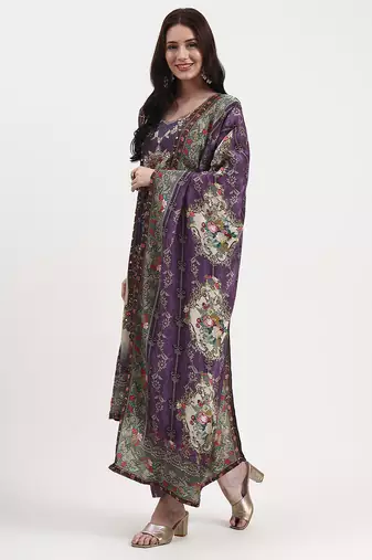 lavender paisley print natural silk crepe a-line kurta palazzo dupatta set