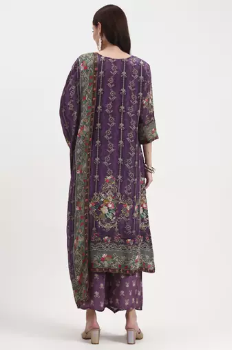 lavender paisley print natural silk crepe a-line kurta palazzo dupatta set