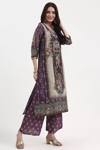 lavender paisley print natural silk crepe a-line kurta palazzo dupatta set