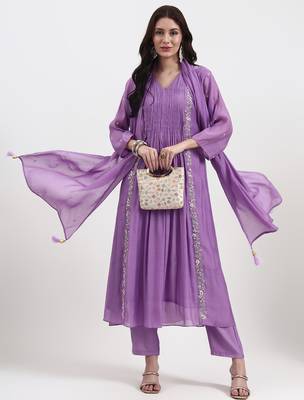 purple mul chanderi kurta dupatta pant set with handwork 1
