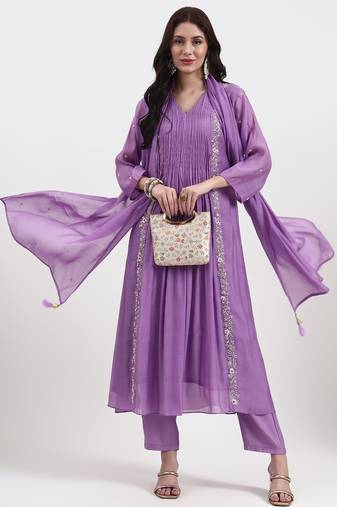 Yufta purple mul chanderi kurta dupatta pant set with handwork