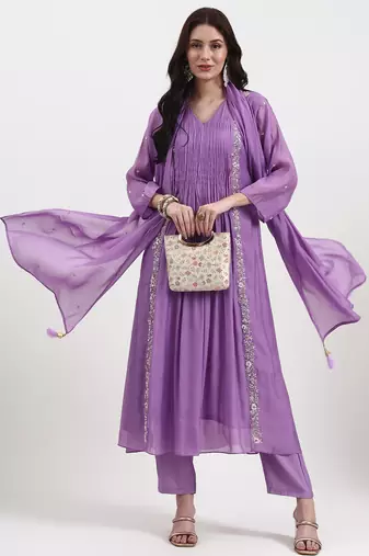 Yufta purple mul chanderi kurta dupatta pant set with handwork