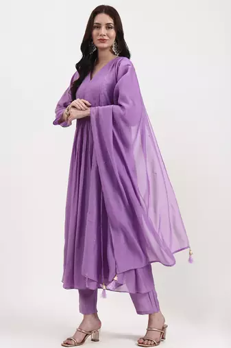 purple mul chanderi kurta dupatta pant set with handwork