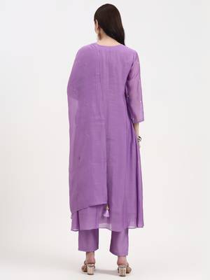 purple mul chanderi kurta dupatta pant set with handwork 3
