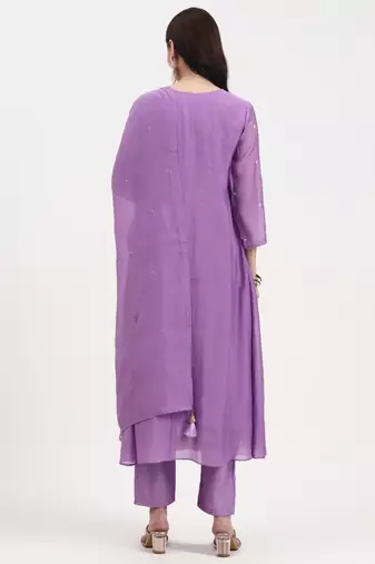 purple mul chanderi kurta dupatta pant set with handwork