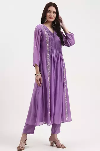 purple mul chanderi kurta dupatta pant set with handwork