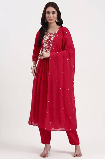 pink solid chanderi silk a-line kurta trouser dupatta set
