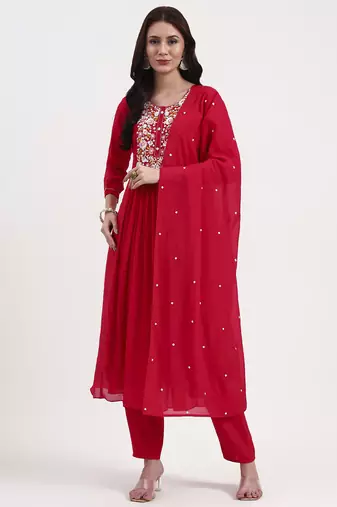 Yufta pink solid chanderi silk a-line kurta trouser dupatta set