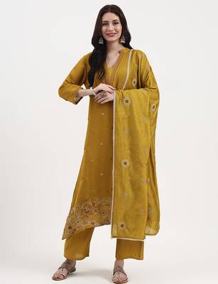 mustard kantha work chanderi silk a-line kurta trouser dupatta set 1