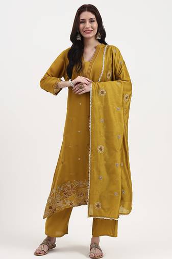 mustard kantha work chanderi silk a-line kurta trouser dupatta set