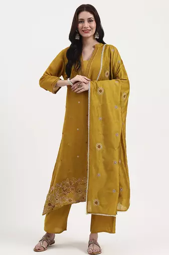 Yufta mustard kantha work chanderi silk a-line kurta trouser dupatta set