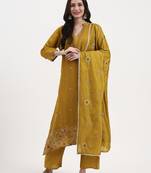 mustard kantha work chanderi silk a-line kurta trouser dupatta set