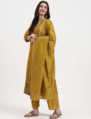 mustard kantha work chanderi silk a-line kurta trouser dupatta set 2