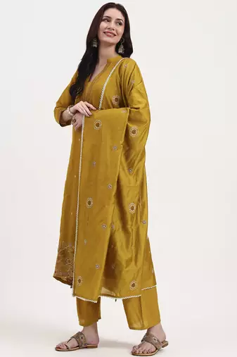 mustard kantha work chanderi silk a-line kurta trouser dupatta set