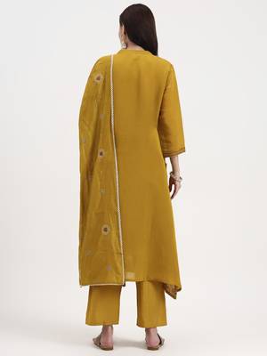 mustard kantha work chanderi silk a-line kurta trouser dupatta set 3