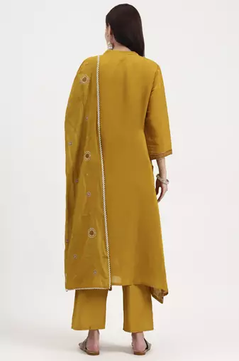 mustard kantha work chanderi silk a-line kurta trouser dupatta set