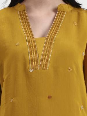 mustard kantha work chanderi silk a-line kurta trouser dupatta set 4