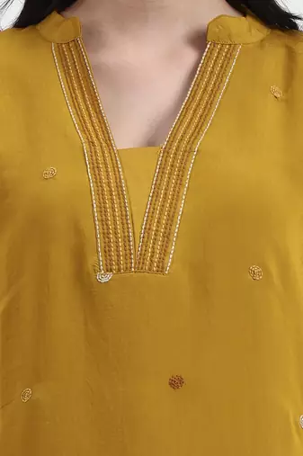 mustard kantha work chanderi silk a-line kurta trouser dupatta set