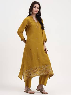 mustard kantha work chanderi silk a-line kurta trouser dupatta set 5