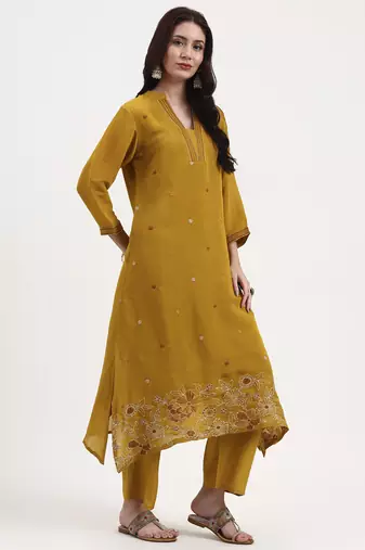 mustard kantha work chanderi silk a-line kurta trouser dupatta set