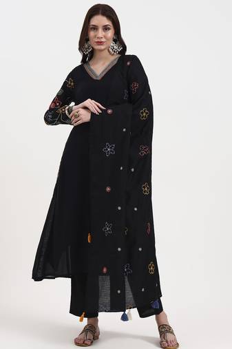 Yufta black kantha work chanderi silk a-line kurta trouser dupatta set