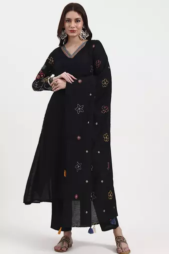 Yufta black kantha work chanderi silk a-line kurta trouser dupatta set