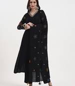 black kantha work chanderi silk a-line kurta trouser dupatta set