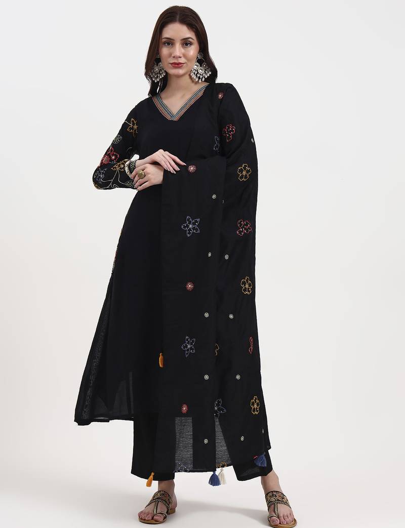 Yufta black kantha work chanderi silk a-line kurta trouser dupatta set