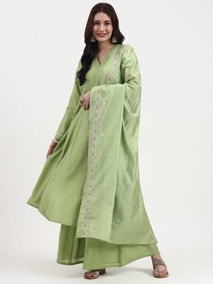 green solid roman silk anarkali kurta palazzo dupatta set 1