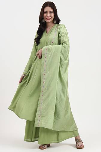 Yufta green solid roman silk anarkali kurta palazzo dupatta set
